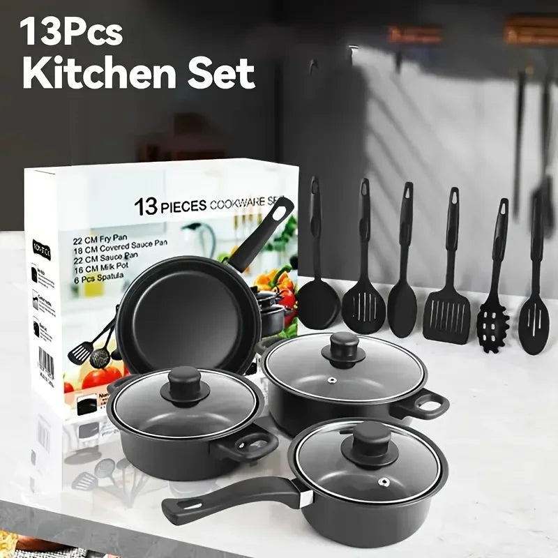 13-Piece Nonstick Cookware Set Black Kitchen & Camping