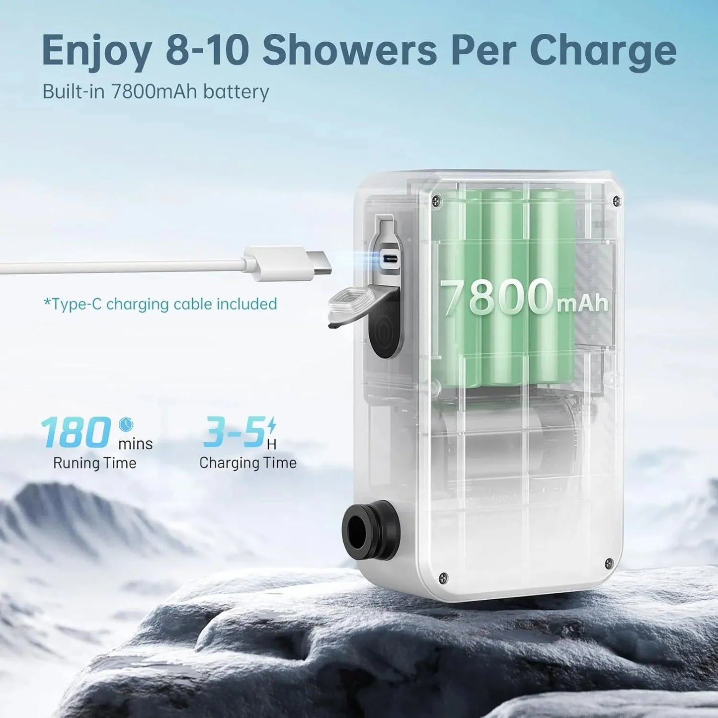 Portable Camping Shower 7800mAh Rechargeable Pump