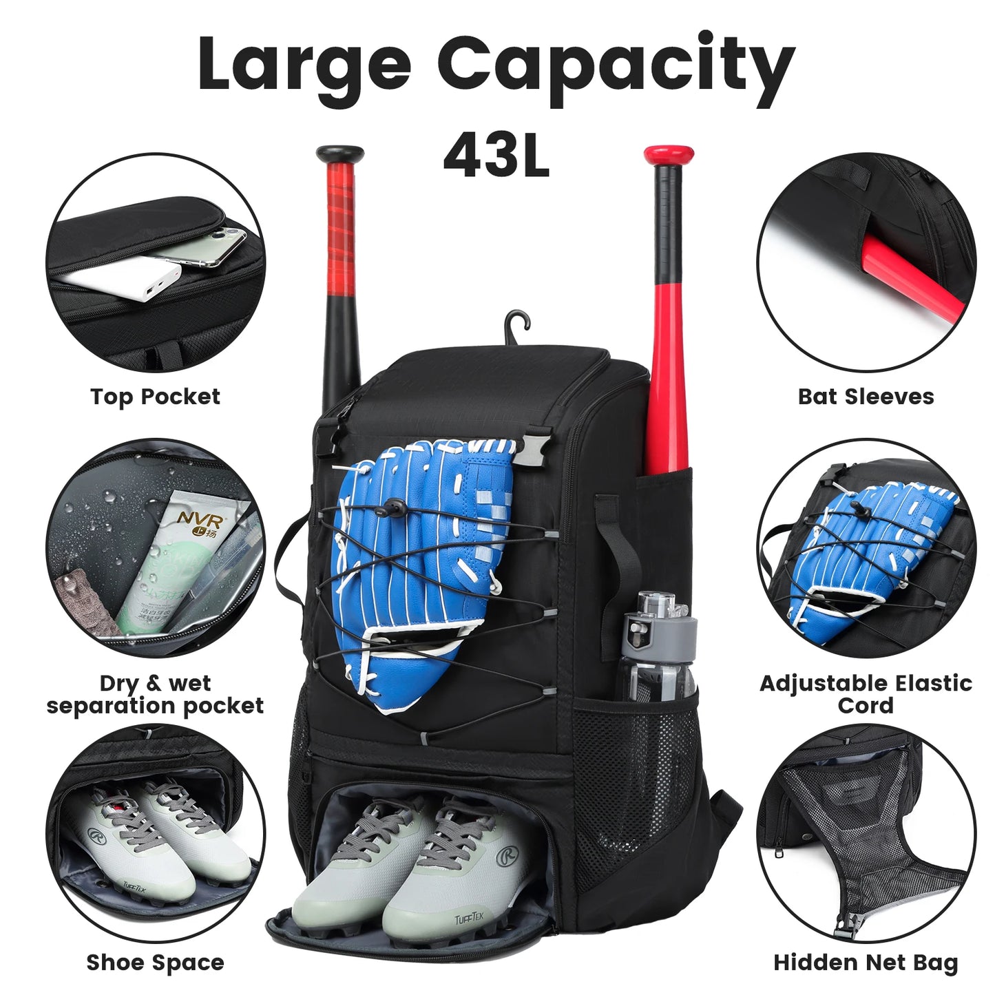 Baseball Equipment Bag Backpack with Shoe Compartment
