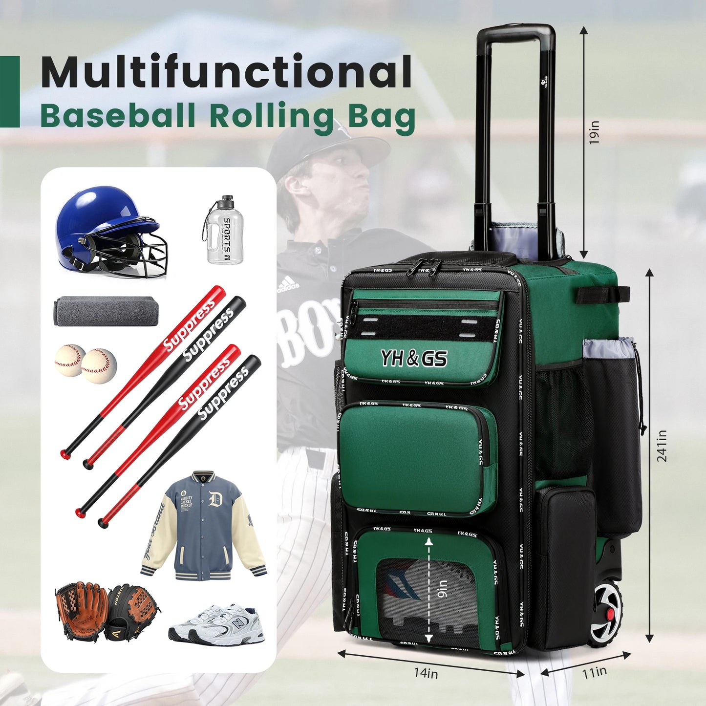 Multifunctional Outdoor Sports Trolley Baseball Bag Large