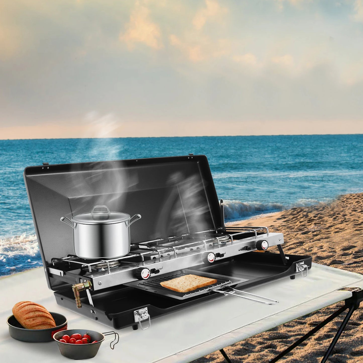 Portable Camping Stove with Griddle 3 Burner Propane